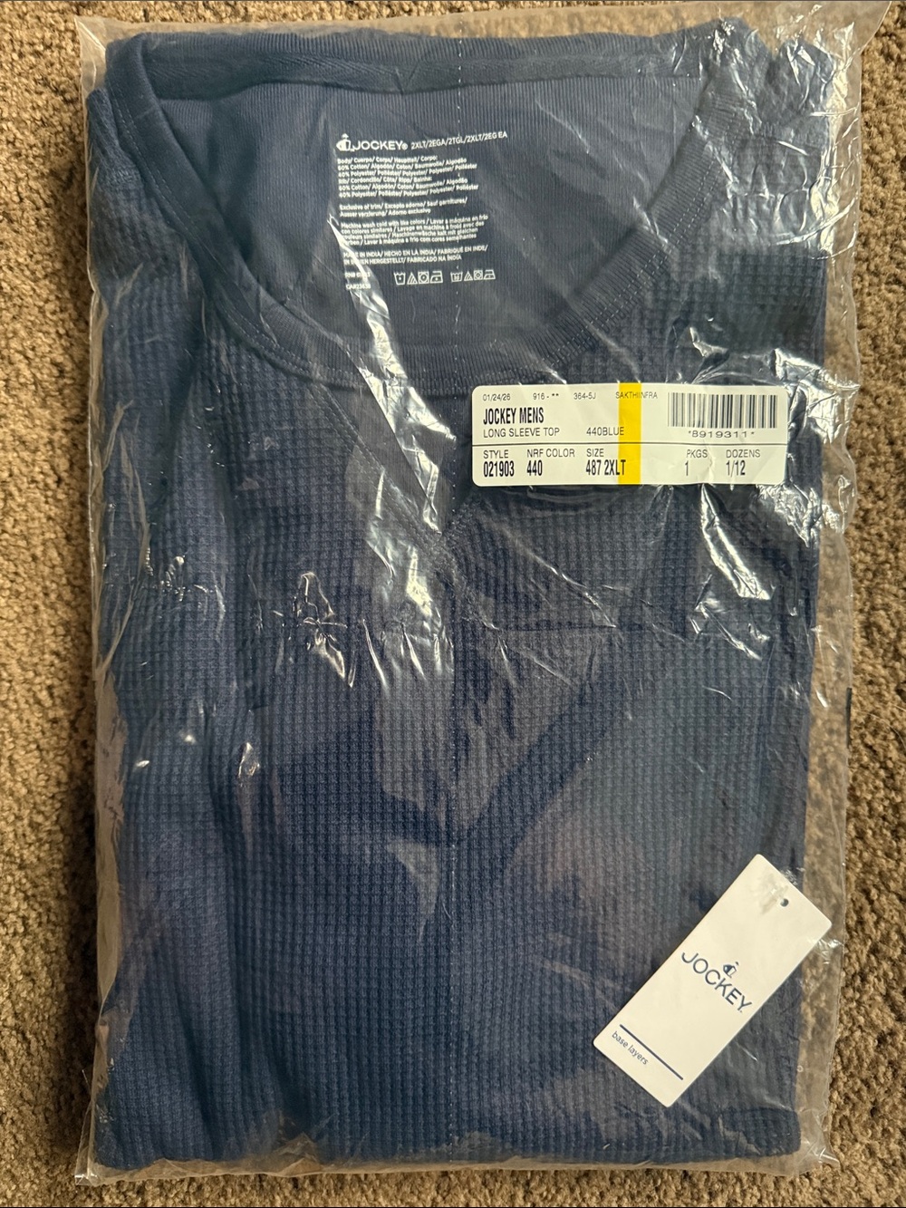 Jockey Men's Navy Long Sleeve Waffle Knit Crewneck Shirt New in Package 2XLT